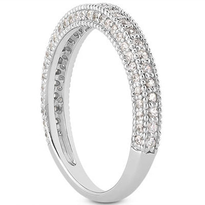 Anillo de boda con textura milgrain, oro blanco de 14k, con diamantes en pavé elegante
