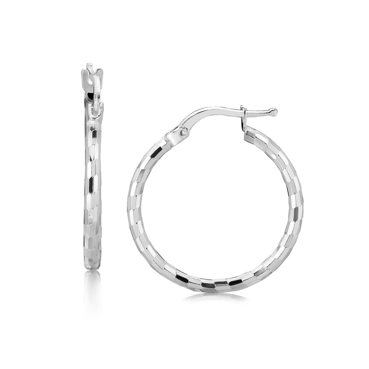 Pendientes de Aro de Plata de Ley con Corte de Diamante y Baño de Rodio (20mm)