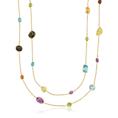 Collar de oro amarillo de 14 quilates de doble capa con varias gemas