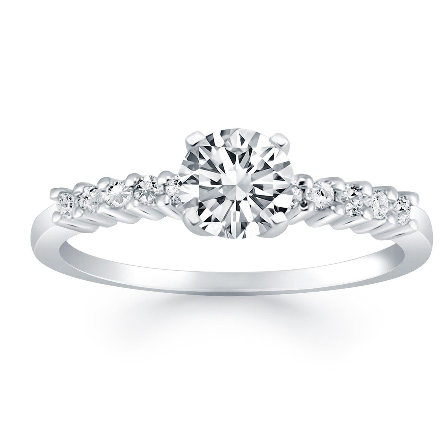 Anillo de compromiso de oro blanco de 14k con diamantes de acento de garra compartida