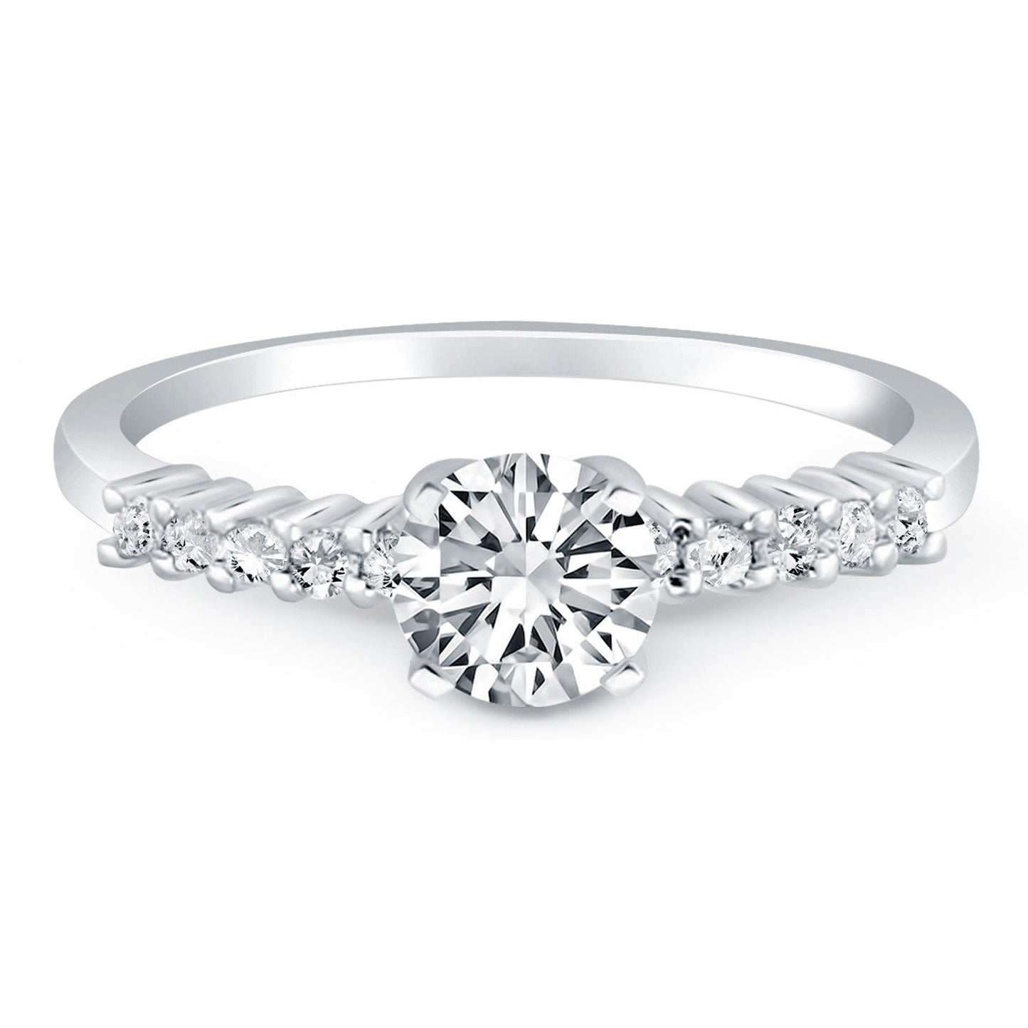 Anillo de compromiso de oro blanco de 14k con diamantes de acento de garra compartida