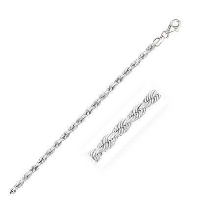 Pulsera de cuerda de oro blanco macizo de 14k con corte de diamante de 3,0 mm
