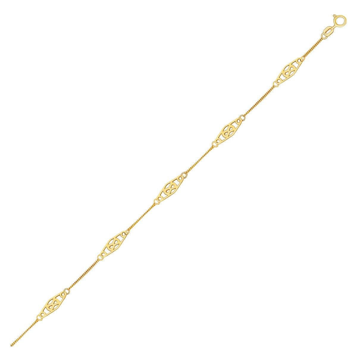 Tobillera de oro amarillo de 14k con estaciones de filigrana elegantes con forma de diamante