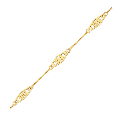 Tobillera de oro amarillo de 14k con estaciones de filigrana elegantes con forma de diamante