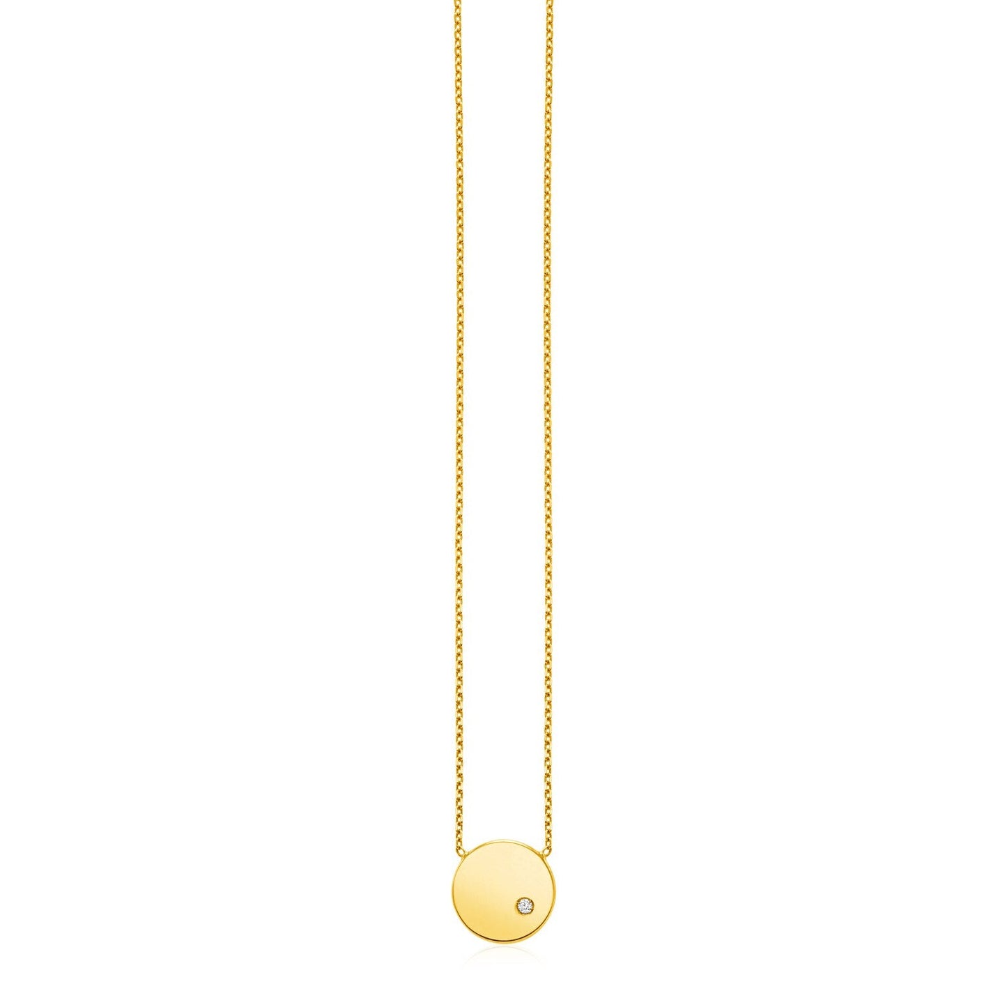 Collar de oro amarillo de 14k con colgante redondo pulido con diamante
