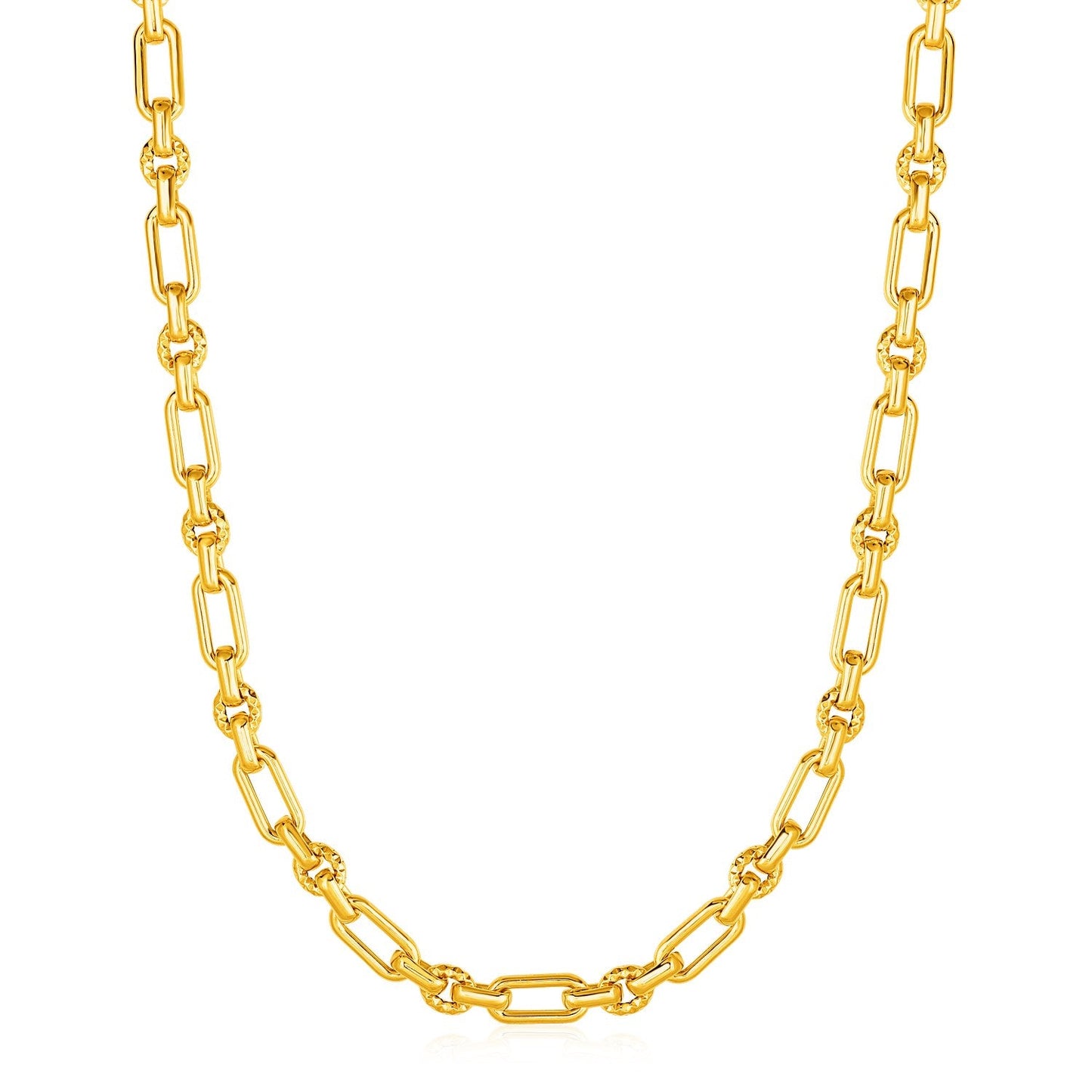 Collar de eslabones rectangulares redondeados con eslabones redondos texturizados en oro amarillo de 14k