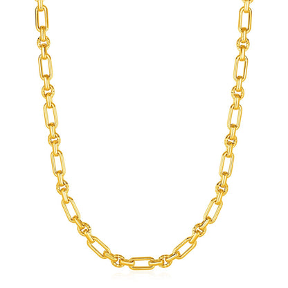 Collar de eslabones rectangulares redondeados con eslabones redondos texturizados en oro amarillo de 14k