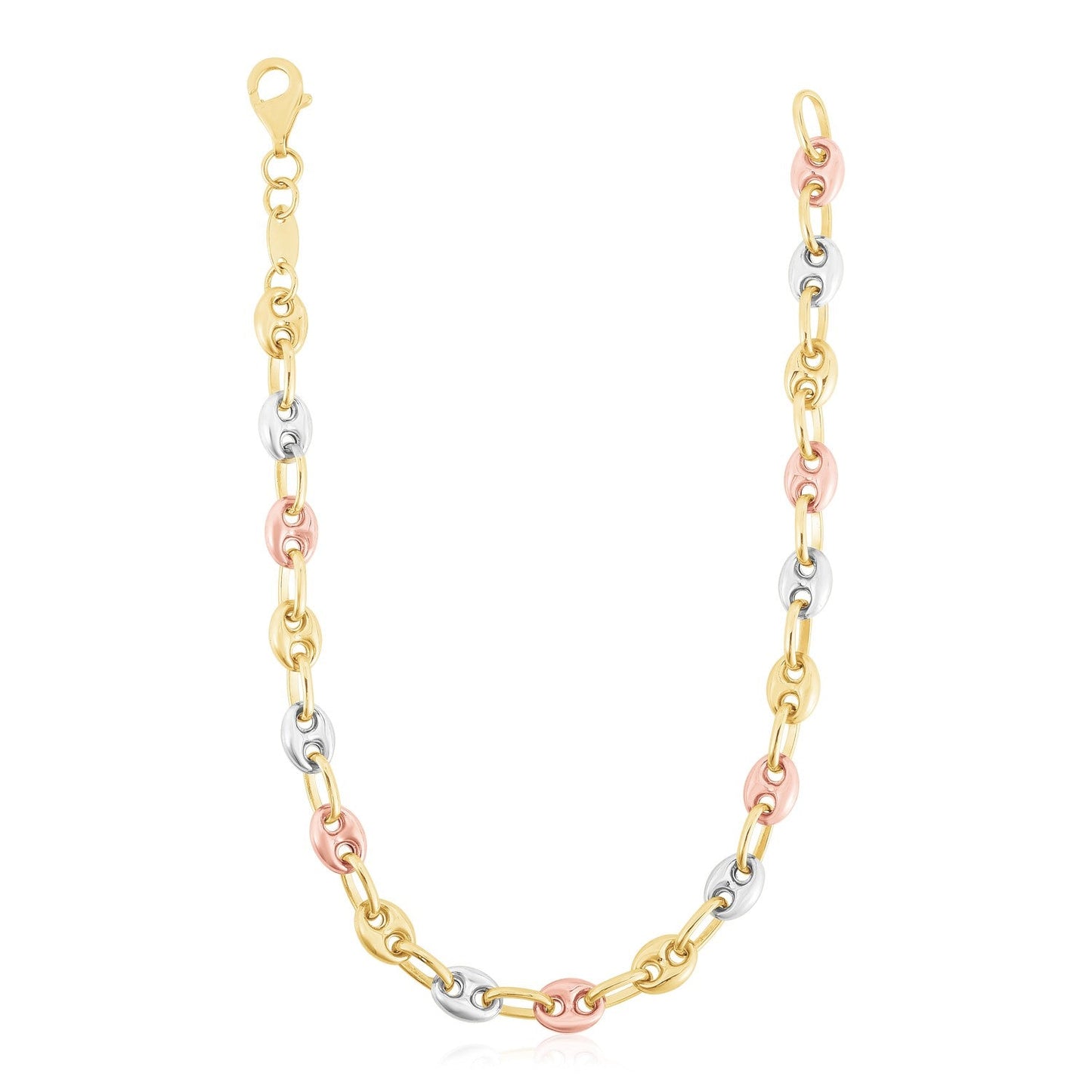 Cadena de eslabones marineros inflados de oro tricolor de 14k de alto pulido