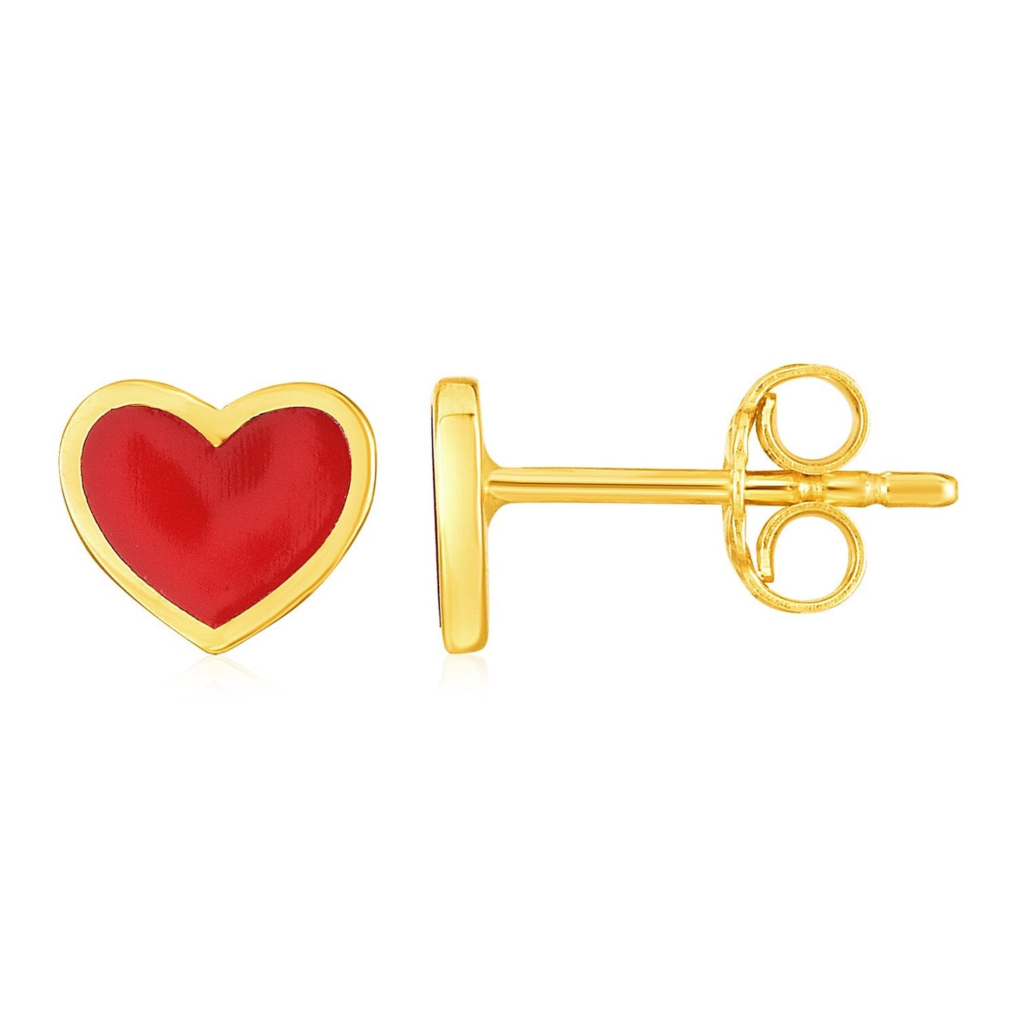 Pendientes de Oro Amarillo de 14k y Esmalte de Corazón Rojo