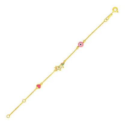 Pulsera para niña de oro amarillo de 14k de 5 1/2 pulgadas con unicornio de corazón esmaltado y círculo