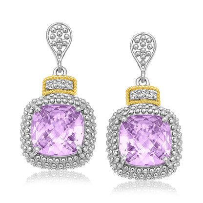 Pendientes de amatista talla cojín y diamantes (.05cttw) en oro amarillo de 18k y plata de ley