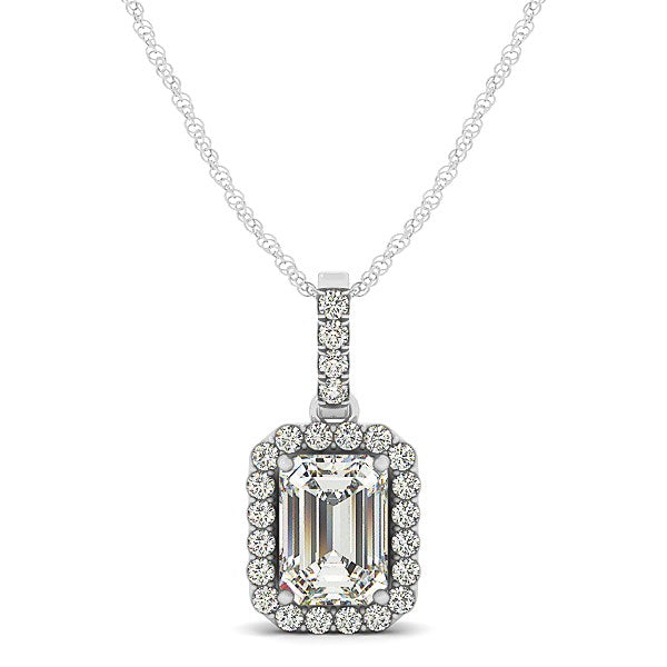 Colgante de halo con diamante central esmeralda en oro blanco de 14k (1 1/5 quilates en total)