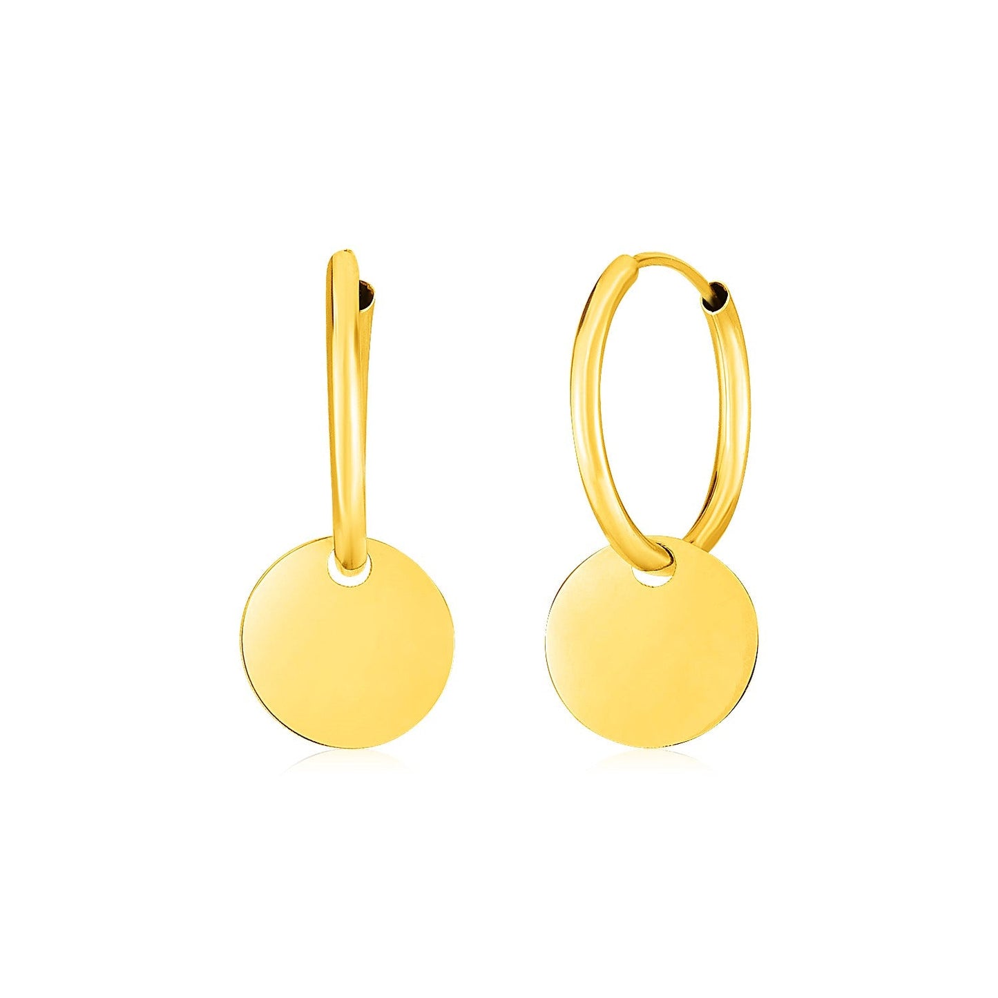 Pendientes de aro estilo huggie de oro amarillo de 14k con colgantes circulares