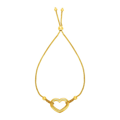 Pulsera Ajustable con Corazón Calado Brillante en Oro Amarillo de 14k