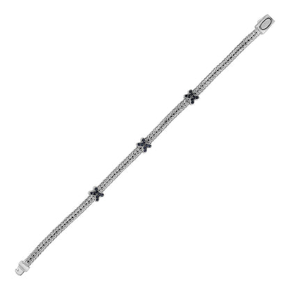Pulsera de cuerda trenzada con detalles de zafiro negro en plata esterlina