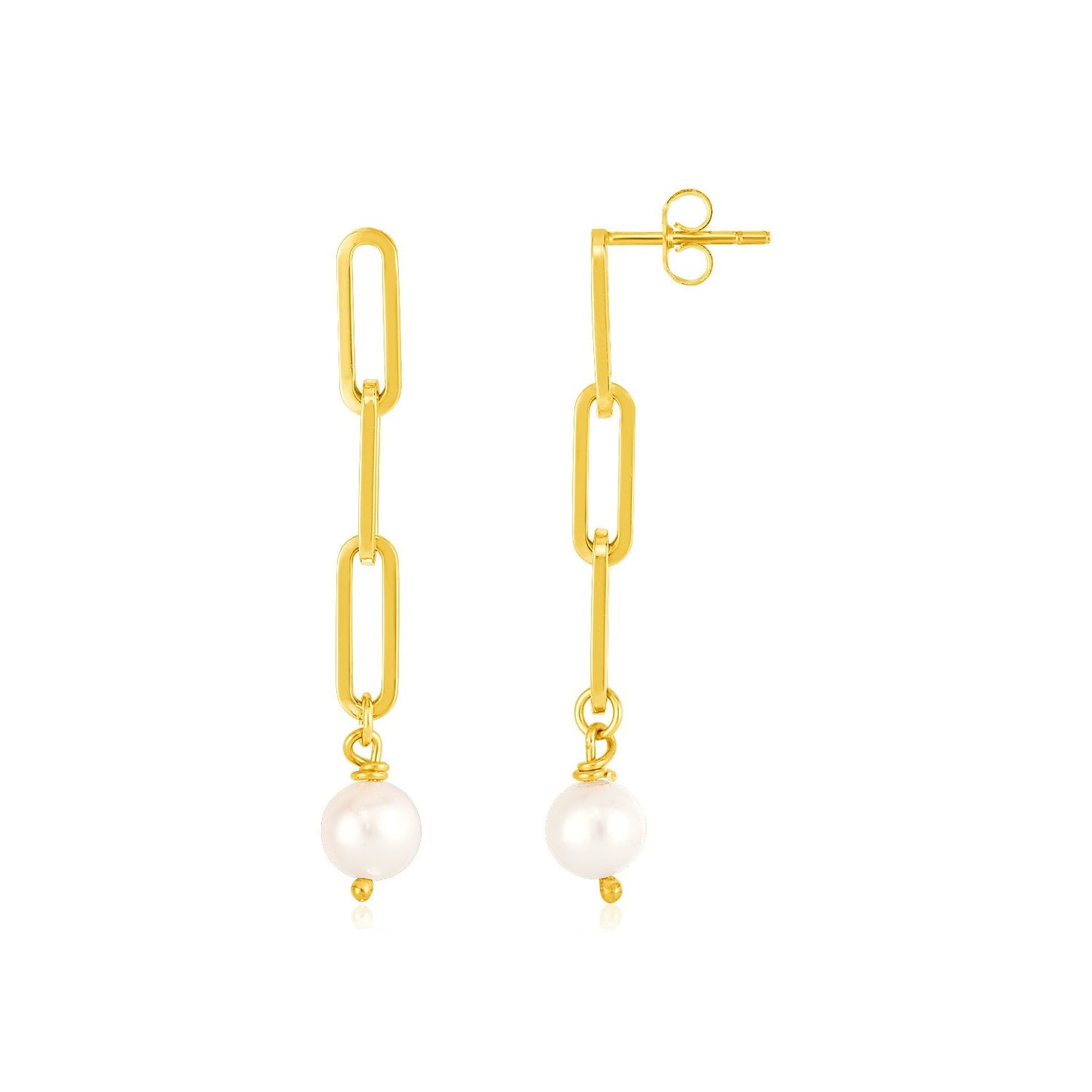 Aretes de Eslabones Tipo Clip de Oro Amarillo de 14k con Perlas