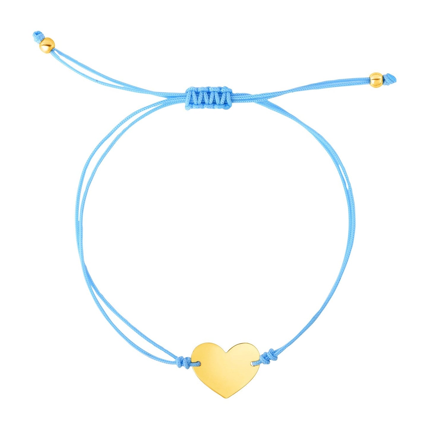 Pulsera ajustable de cordón azul de 9 1/4 pulgadas con corazón de oro amarillo de 14k