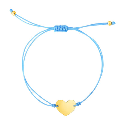 Pulsera ajustable de cordón azul de 9 1/4 pulgadas con corazón de oro amarillo de 14k