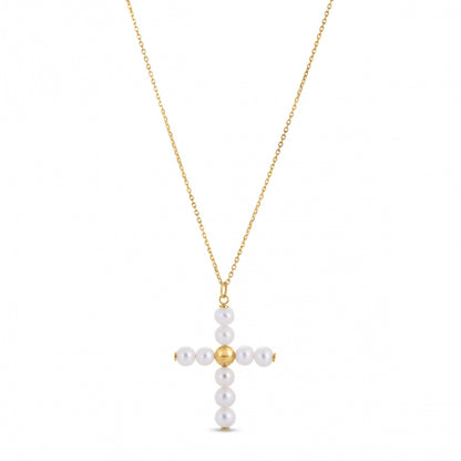 Colgante de cruz con perla de oro amarillo de 14k