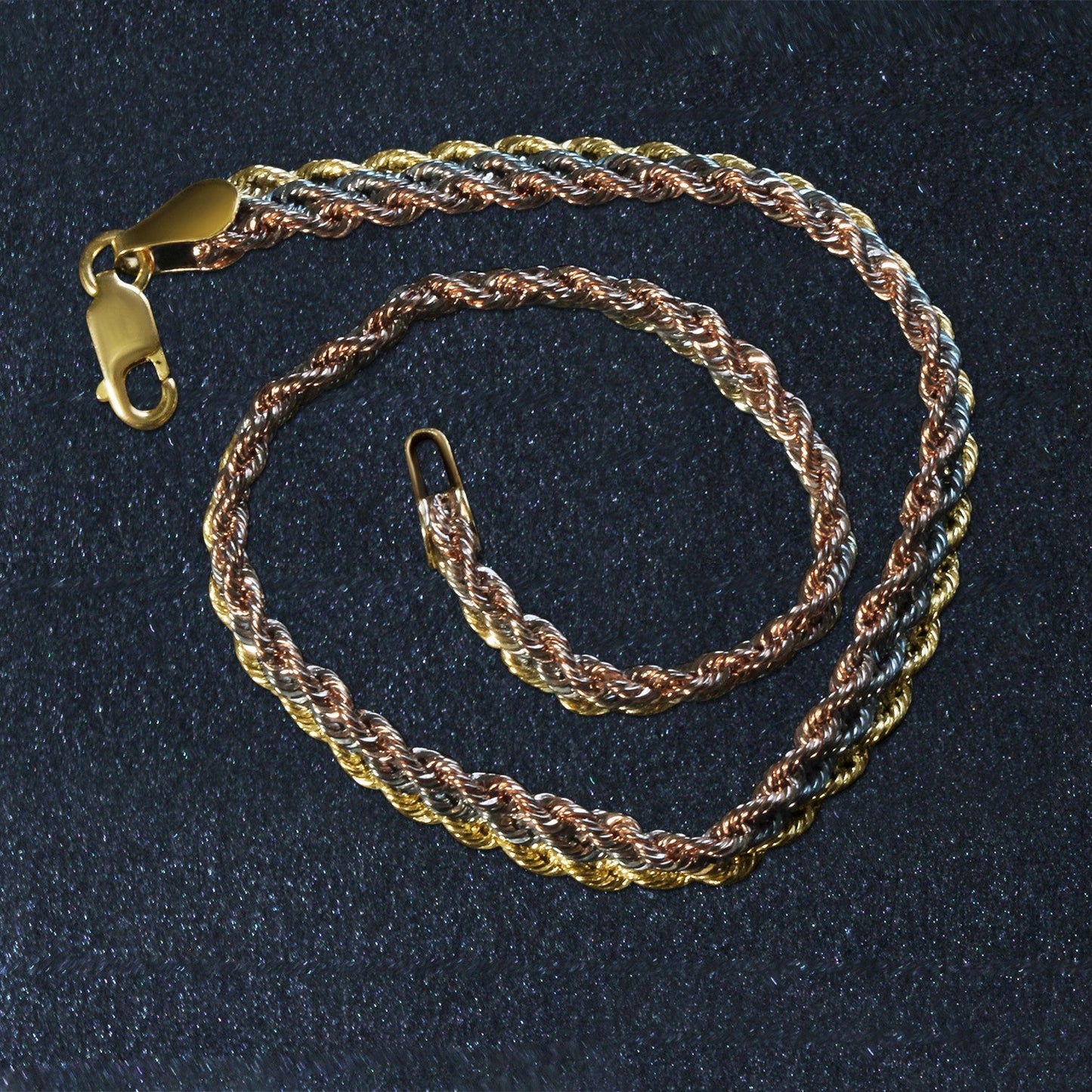 Pulsera de cadena de cuerda multistrand de oro tricolor de 10k (6.35 mm)