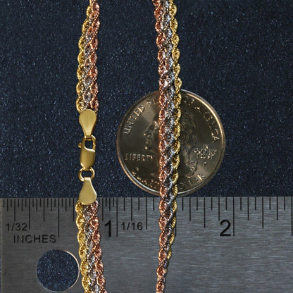 Pulsera de cadena de cuerda multistrand de oro tricolor de 10k (6.35 mm)