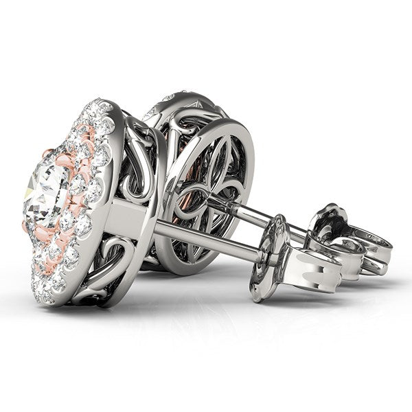 Pendientes de halo redondo de diamantes de oro blanco y rosa de 14k (3/4 cttw)