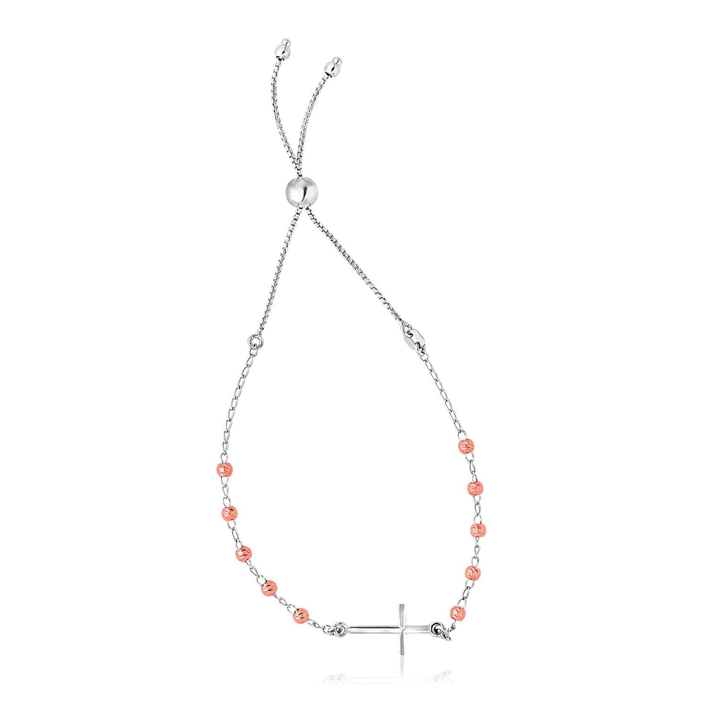 Pulsera ajustable de plata de ley con acabado blanco y oro rosa con cruz