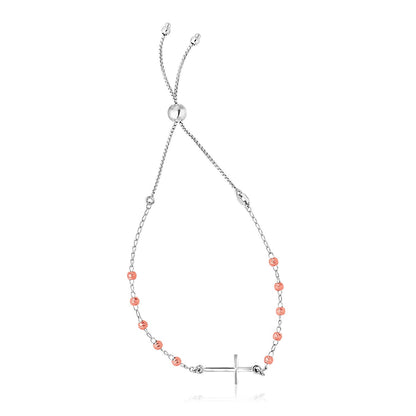 Pulsera ajustable de plata de ley con acabado blanco y oro rosa con cruz