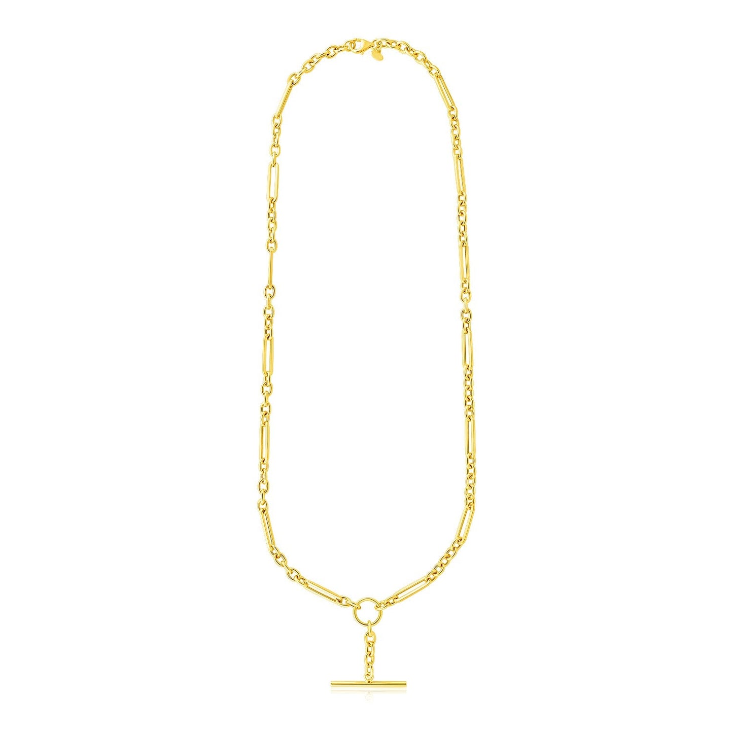 Collar de cadena de oro amarillo de 14k con óvalos y redondos alternados, y broche de barra y aro