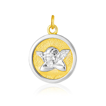 Colgante Redondo de Medalla de Ángel de Oro Bicolor de 14k