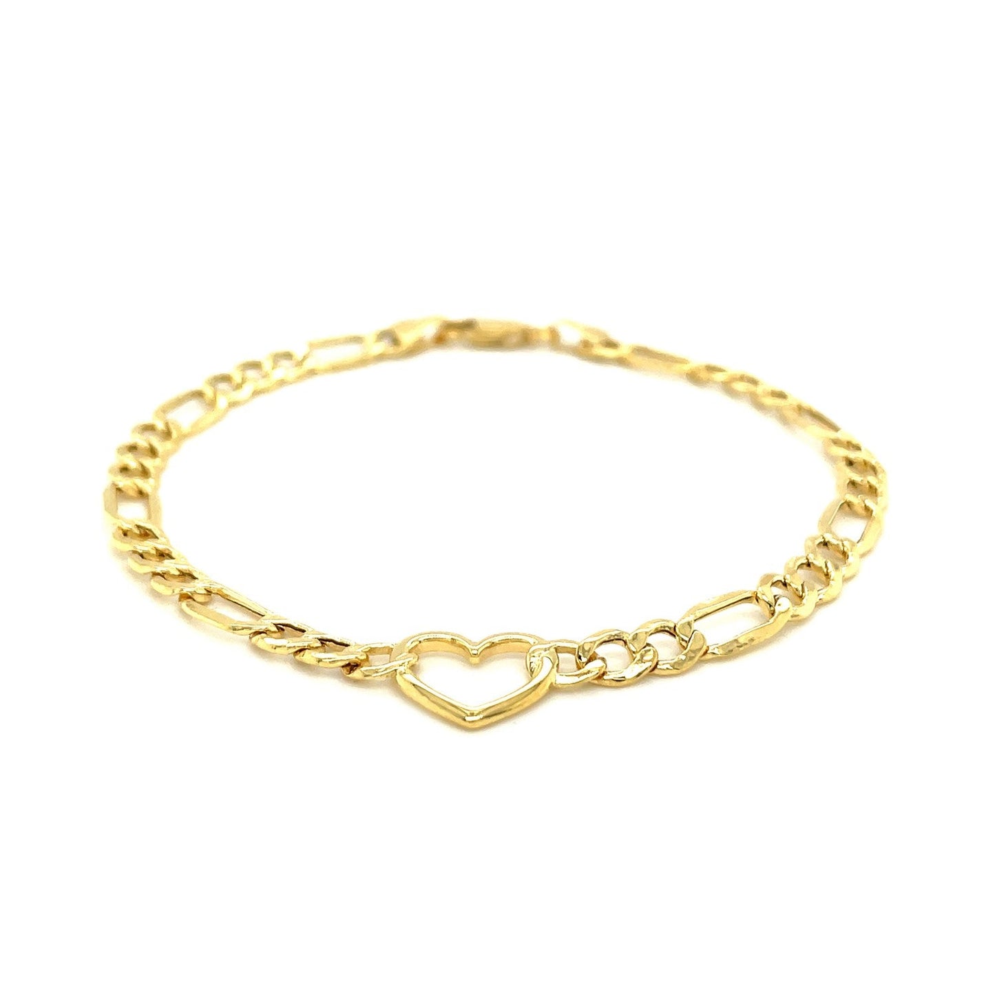 Pulsera de cadena Fígaro de oro amarillo de 14k y 7 pulgadas con corazón