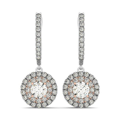 Aretes colgantes de oro blanco y rosa de 14 quilates con diamantes y diseño de halo (3/4 quilates en total)