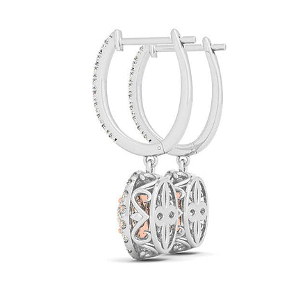 Aretes colgantes de oro blanco y rosa de 14 quilates con diamantes y diseño de halo (3/4 quilates en total)