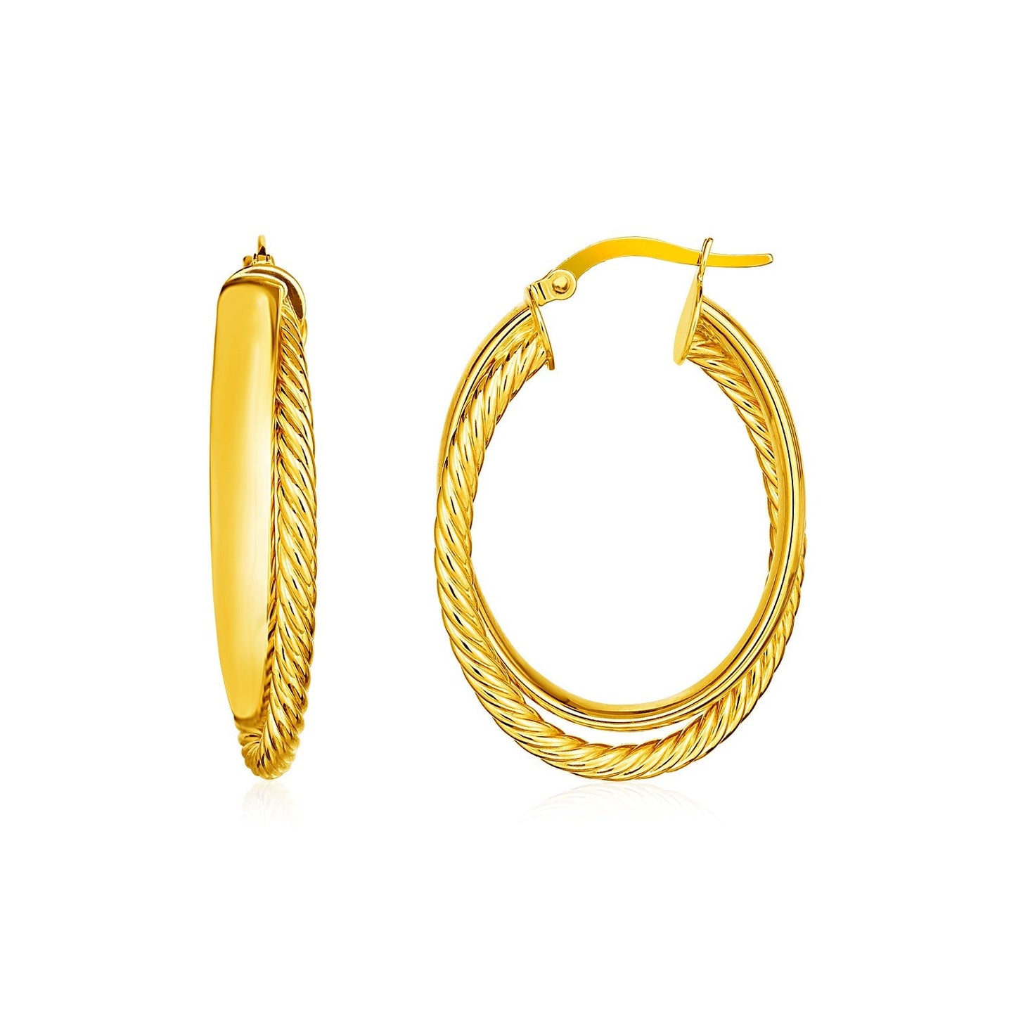 Pendientes de aro ovalados retorcidos con textura de dos partes en oro amarillo de 14 quilates