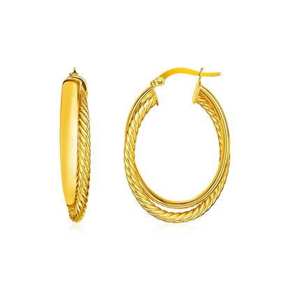 Pendientes de aro ovalados retorcidos con textura de dos partes en oro amarillo de 14 quilates