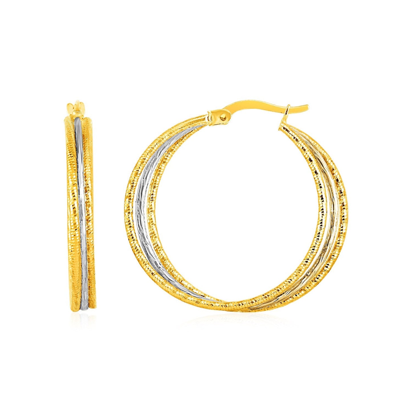 Pendientes de aro texturizados de tres partes en oro blanco y amarillo de 14k