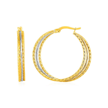 Pendientes de aro texturizados de tres partes en oro blanco y amarillo de 14k