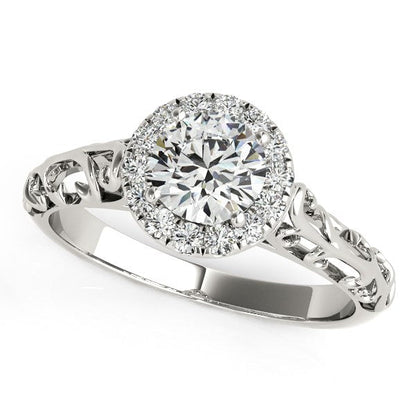 Anillo de compromiso de oro blanco de 14 quilates con diamantes redondos estilo halo antiguo (5/8 quilates en total)