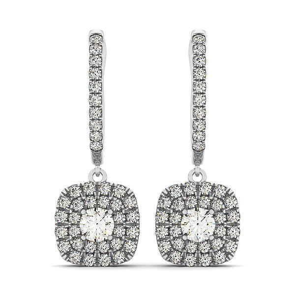 Pendientes de oro blanco de 14 quilates con diamantes de talla cojín de doble halo (3/4 quilates en total)