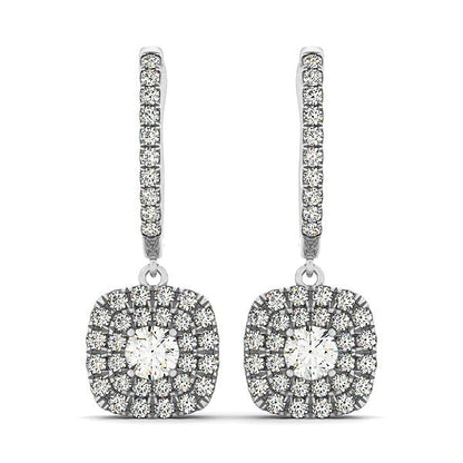 Pendientes de oro blanco de 14 quilates con diamantes de talla cojín de doble halo (3/4 quilates en total)