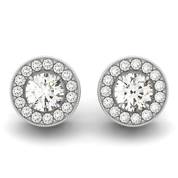 Pendientes de halo con borde milgrain de oro blanco de 14k con diamantes redondos (3/4 quilates en total)