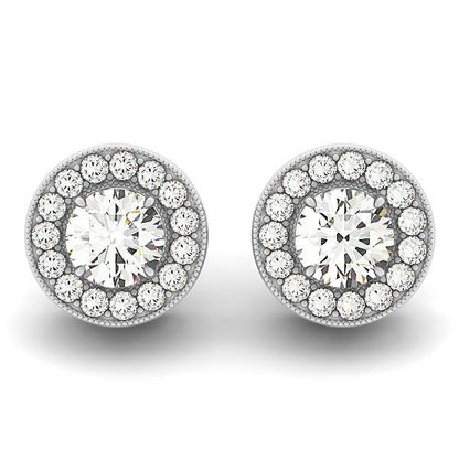 Pendientes de halo con borde milgrain de oro blanco de 14k con diamantes redondos (3/4 quilates en total)