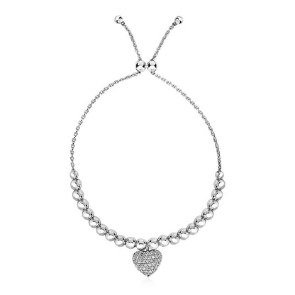 Pulsera de cuentas ajustable con dije redondo y circonitas cúbicas en plata de ley