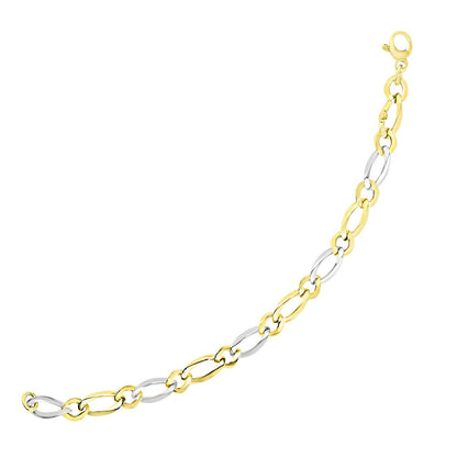 Pulsera de cadena Fígaro de oro bicolor de 14k con eslabones largos y cortos