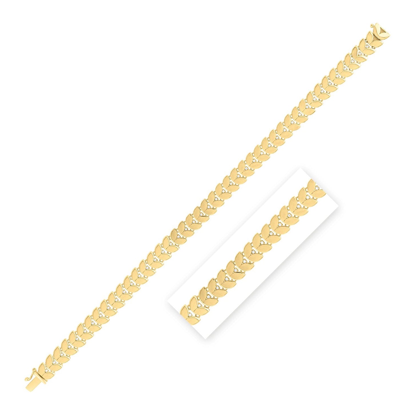 Pulsera de hojas de laurel de oro amarillo de 14k de 7 1/2 pulgadas con diamante (7.40 mm)
