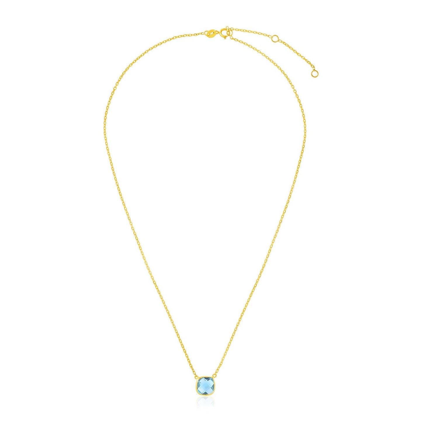 Collar de oro amarillo de 14k y 17 pulgadas con topacio azul talla cojín