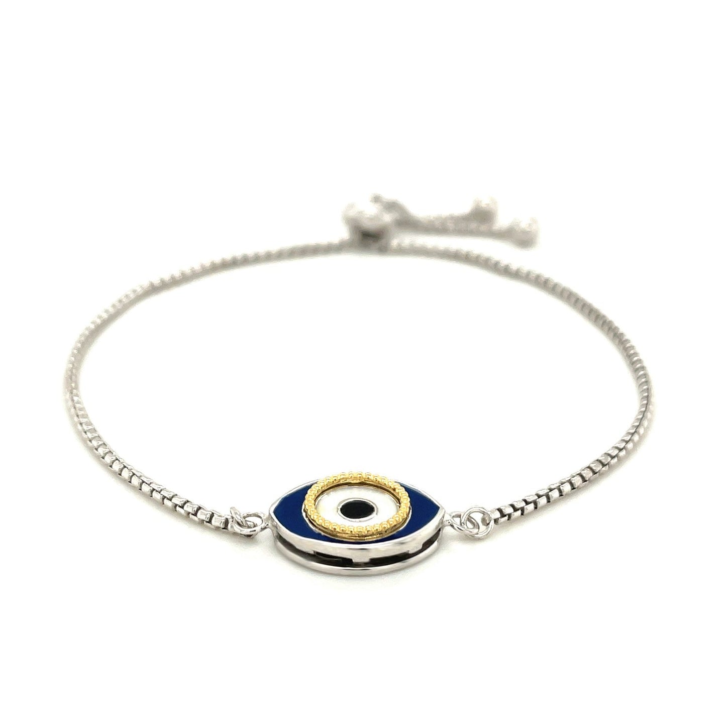 Pulsera ajustable de la amistad de plata esterlina con esmalte de ojo turco de dos tonos