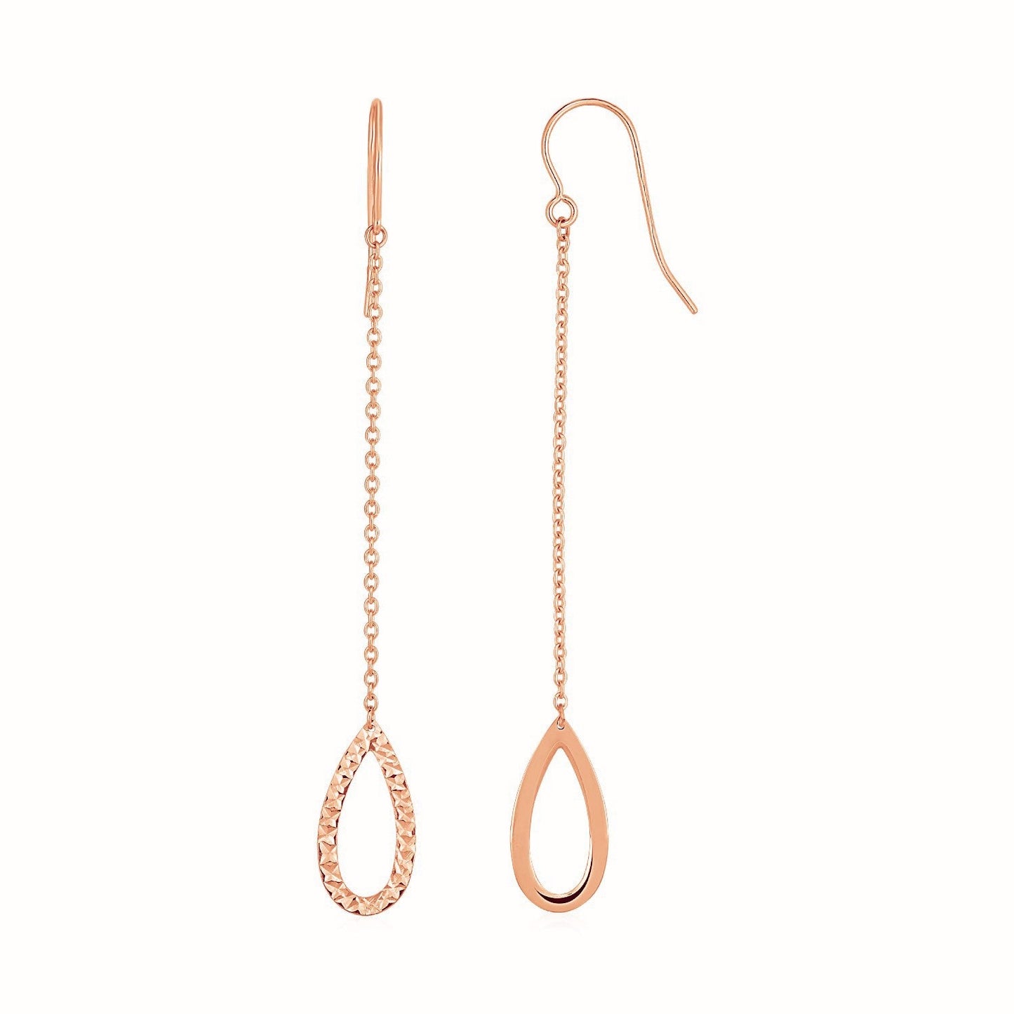 Pendientes colgantes largos con forma de pera texturizada en oro rosa de 14k