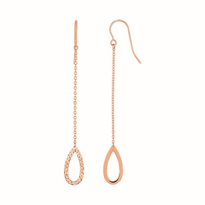 Pendientes colgantes largos con forma de pera texturizada en oro rosa de 14k