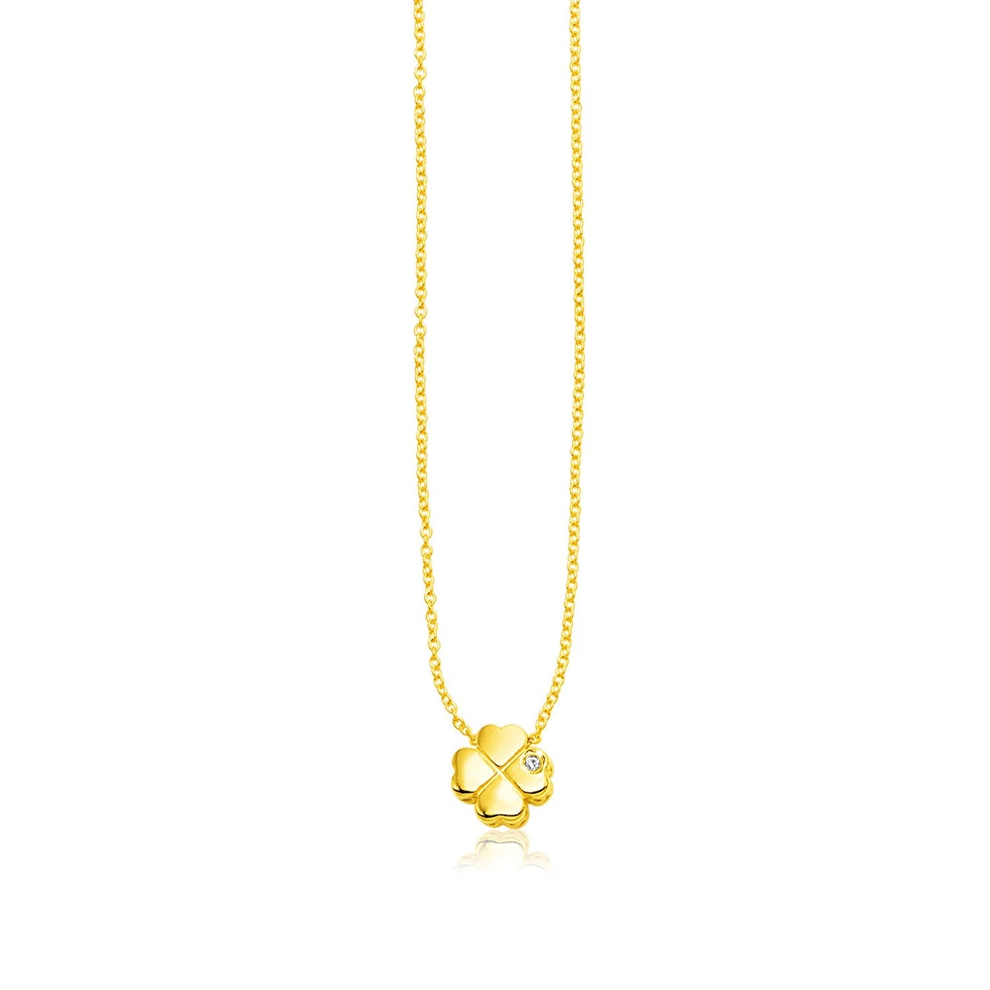 Collar de trébol de cuatro hojas pulido de oro amarillo de 14k con diamante